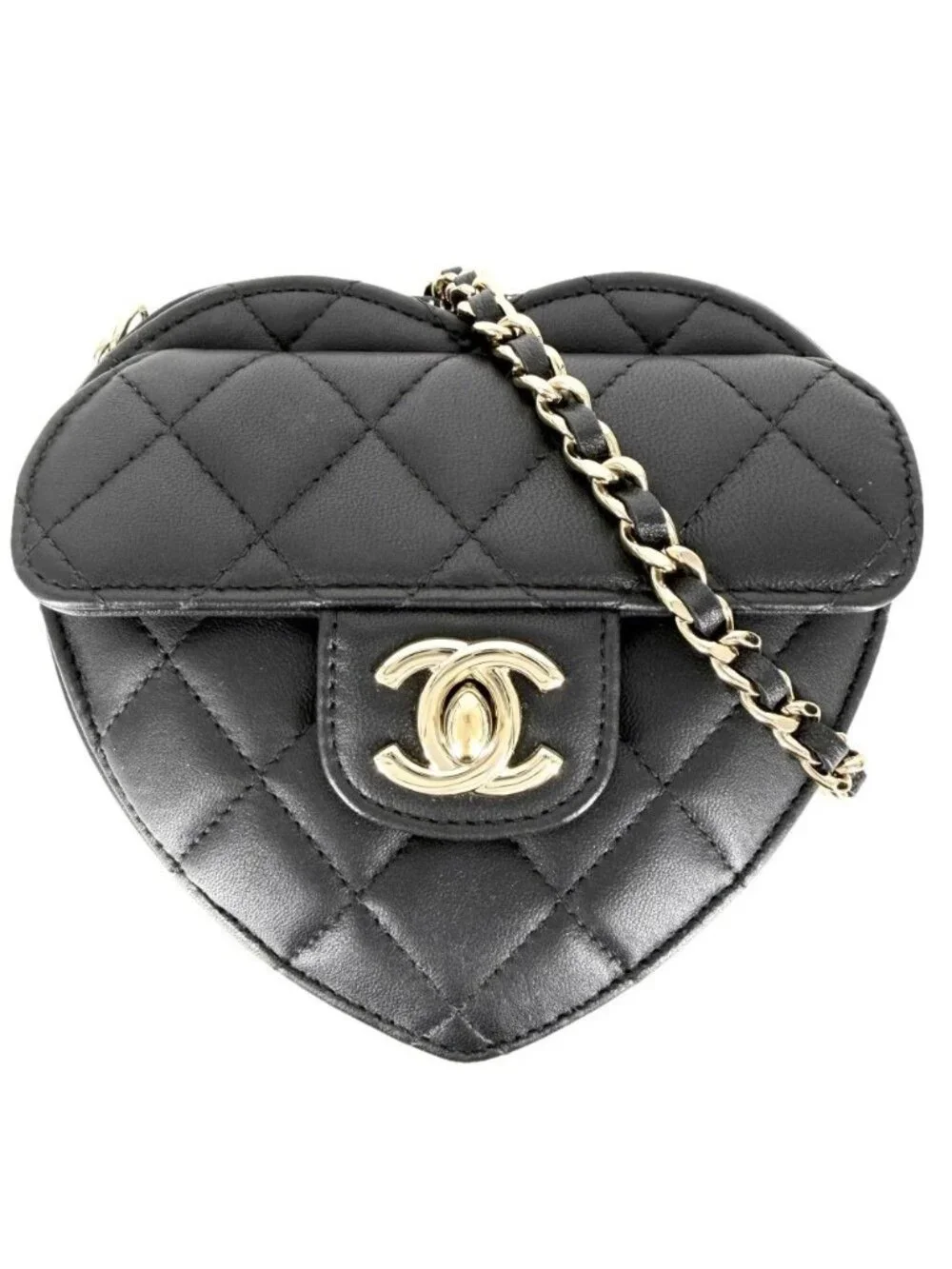 Chanel Shoulder Bag Quilted Heart CC Logo Small Lambskin Black Gold